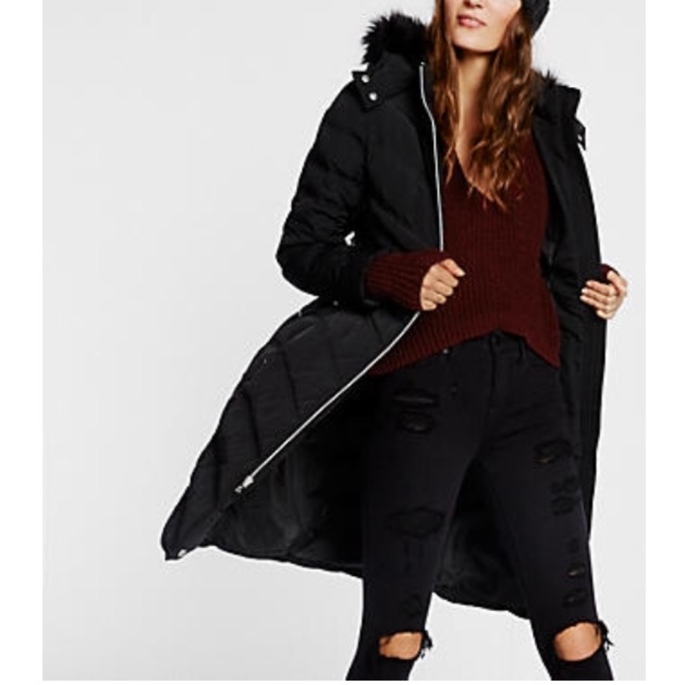 Express Long Puffer Coat With Side Tie